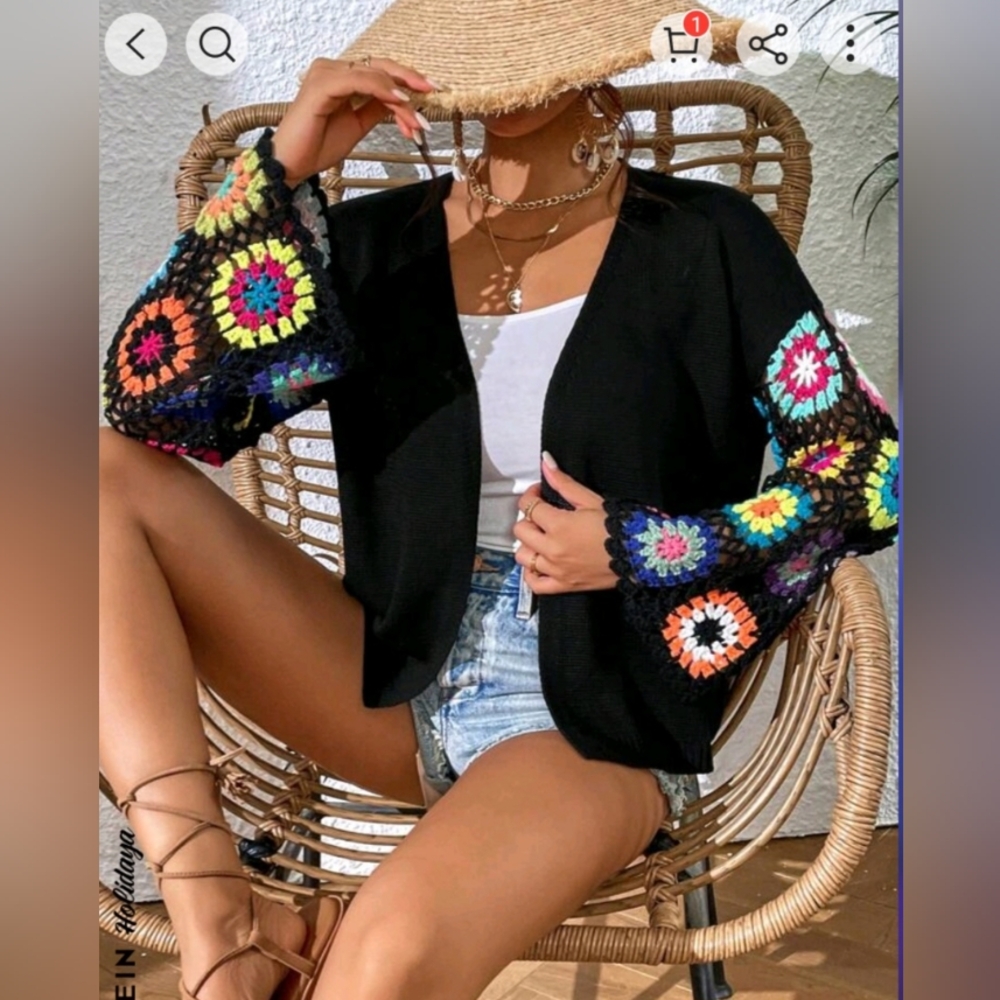 SHEIN Black Crochet Sleeve Cardigan